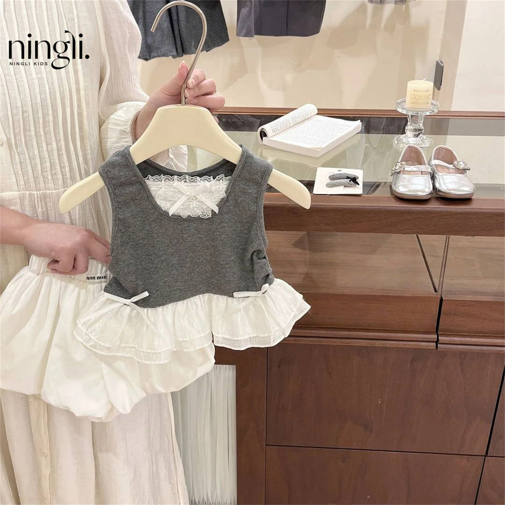 [Estoque pronto [Roupas infantis versão coreana]] Terno feminino 2026 verão novo estilo infantil renda costura colete fl