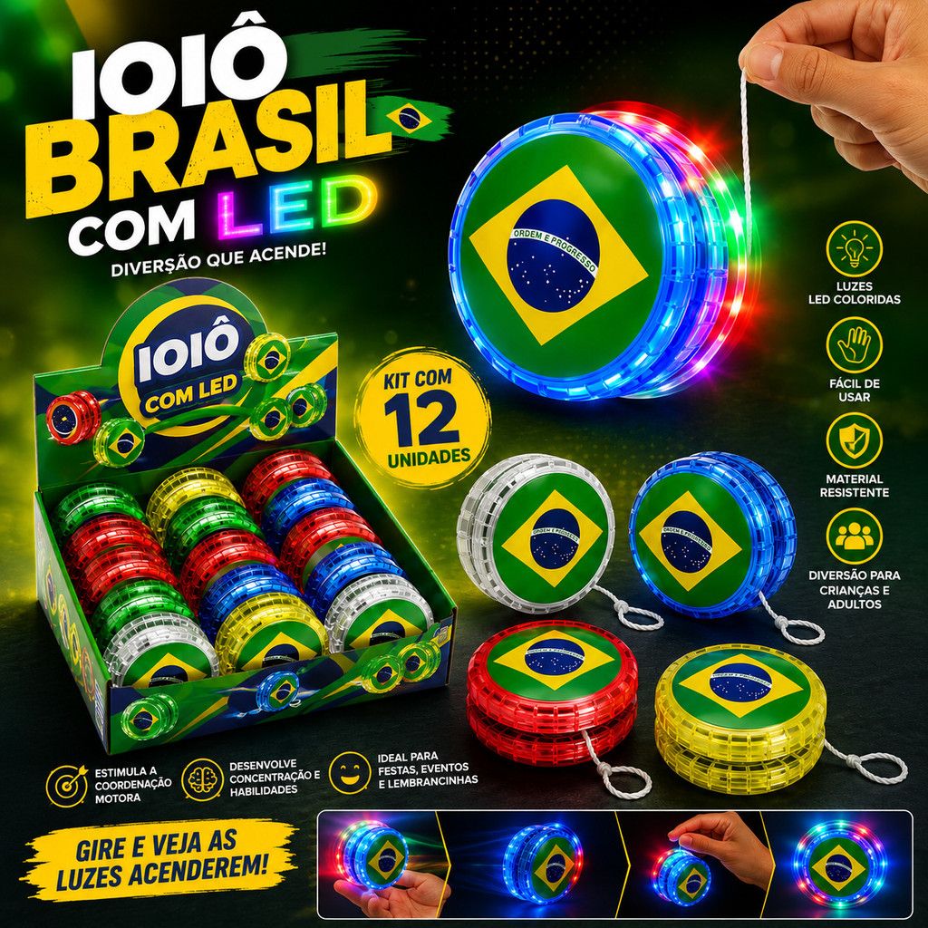Kit Ioiô Brasil Luz LED Colorido Lembrancinha Festa Aniversário YoYo Brinde Copa Recreação 12/15/20/24/26/30