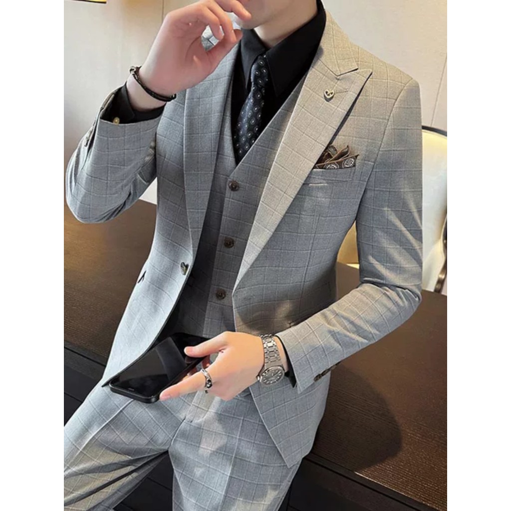 Terno casual masculino terno casual masculino noivo noivado cinza claro xadrez High-End sentido rufião bonito terno masc