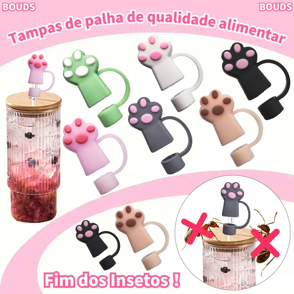 Tampa de silicone de 10mm para canudo, de qualidade alimentar, com design 3D em forma de gato fofo, capa reutilizável à