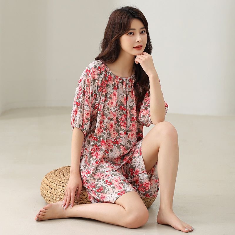 Pulôver Feminino Pijama De Manga Curta Algodão Seda Verão Novo Tamanho Grande Fino Impresso Conjunto De Duas Peças Moda 