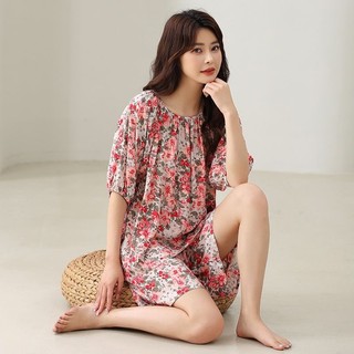 Pulôver Feminino Pijama De Manga Curta Algodão Seda Verão Novo Tamanho Grande Fino Impresso Conjunto De Duas Peças Moda 