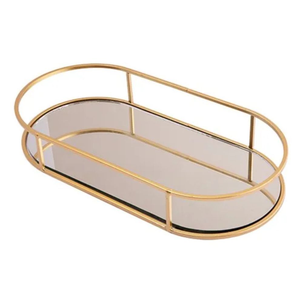 Bandeja Oval Espelhada com Borda Dourada Decorativa 25x12cm