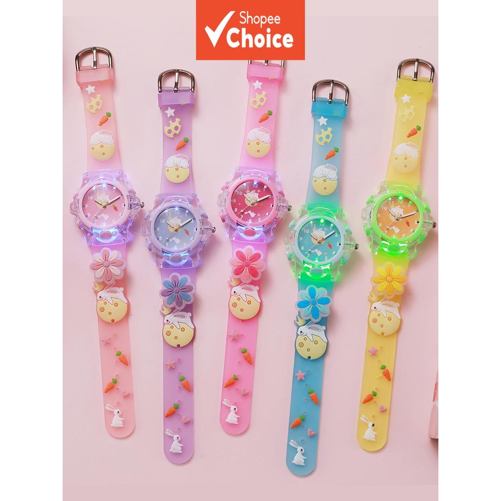 Coelhinho Fofo Infantil Brilha Luz Noturna Relógio Meninas Brinquedo De Desenho Animado