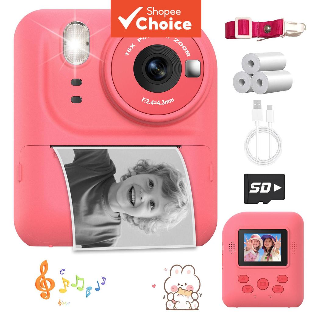 Câmera de Impressão Instantânea para Crianças 1080P com Gravação de Vídeo, Três Rolos de Papel, Dispositivo Criativo de