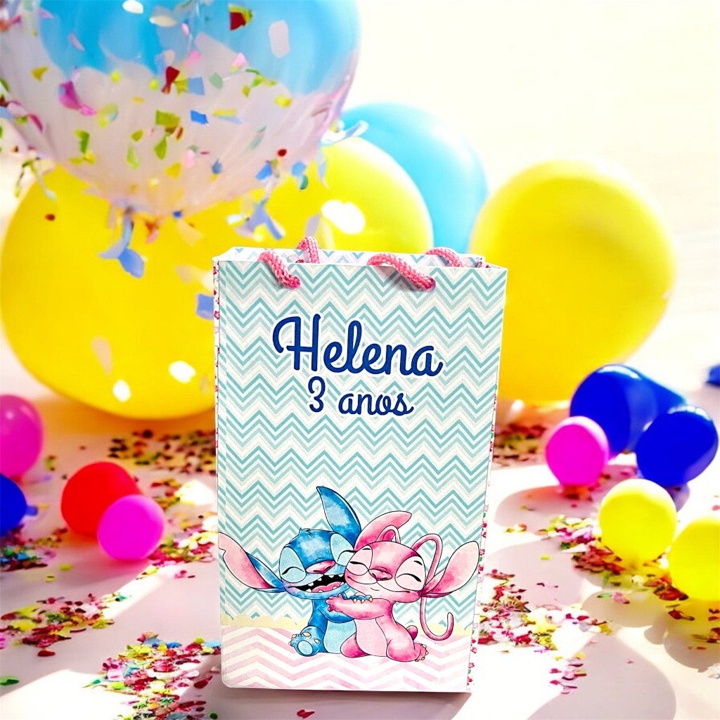 Sacolinhas Personalizado Stitch e Angel Com Nome e Idade Sacolas Surpresa Festa  Personalizadas
