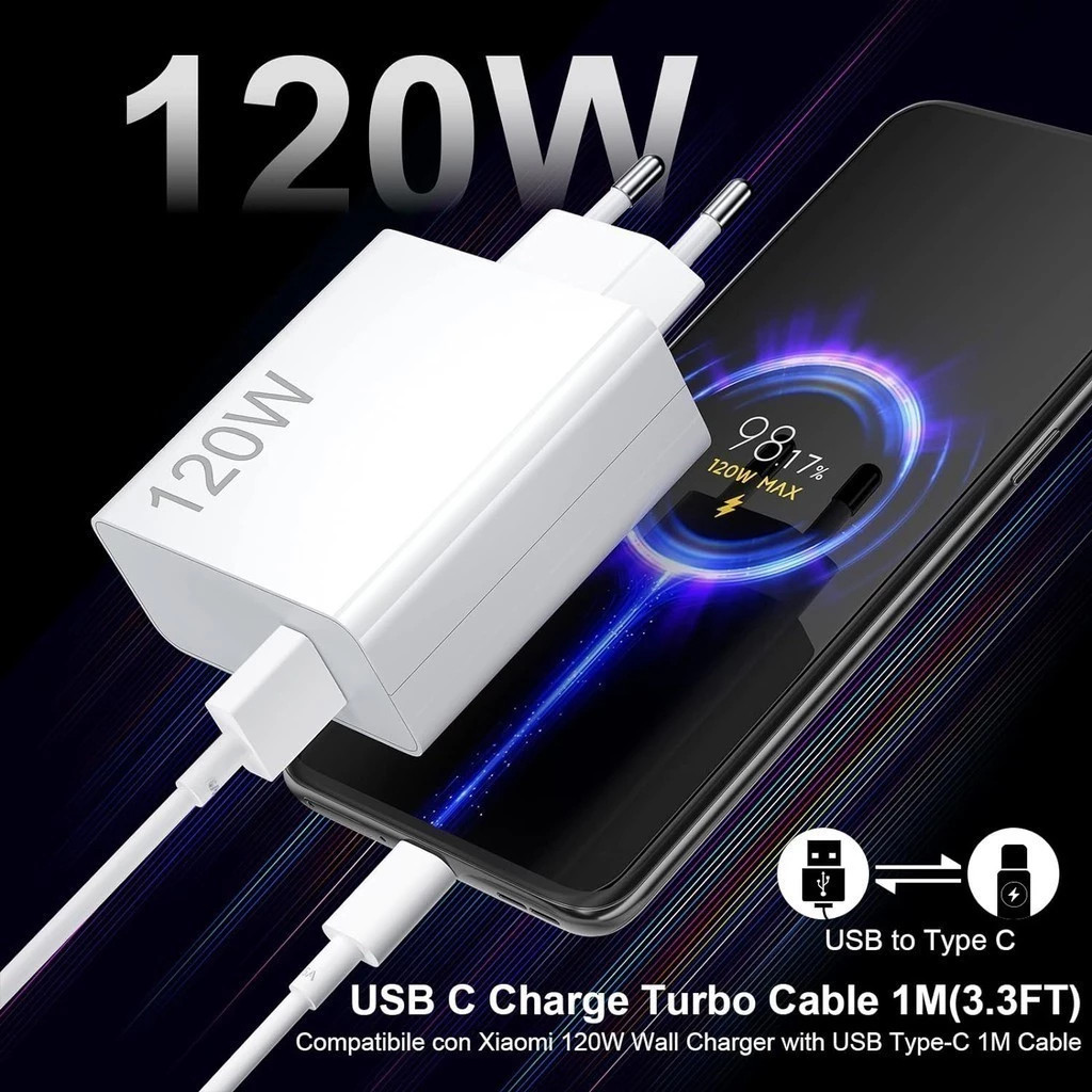 Carregador rápido de 120W com 6A USB C cabo 1M para Mi Turbo Charge Turbo Power Cabo USB + Cabo Tipo C