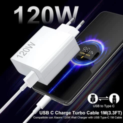 Carregador rápido de 120W com 6A USB C cabo 1M para Mi Turbo Charge Turbo Power Cabo USB + Cabo Tipo C