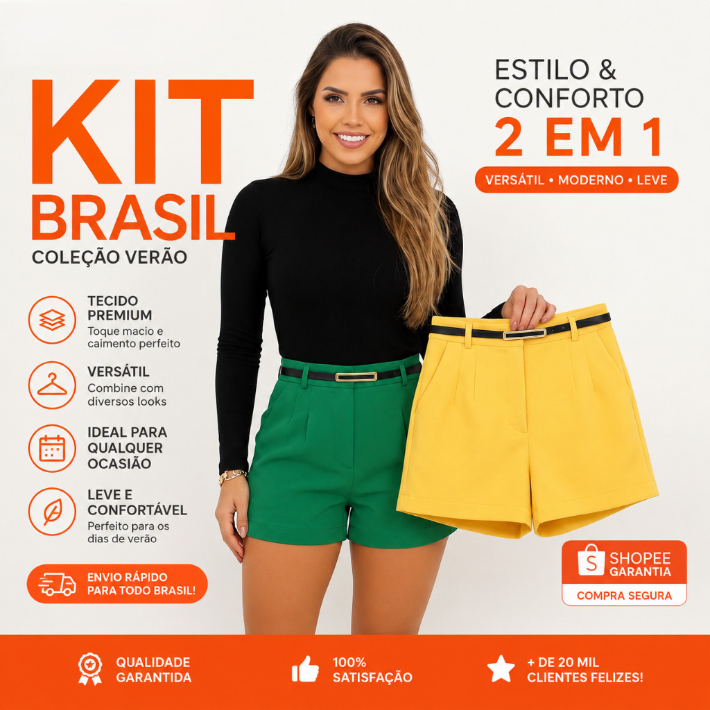 Kit 2 Shorts Alfaiataria Feminino Brasil Copa Verde e Amarelo Cintura Alta Com Cinto