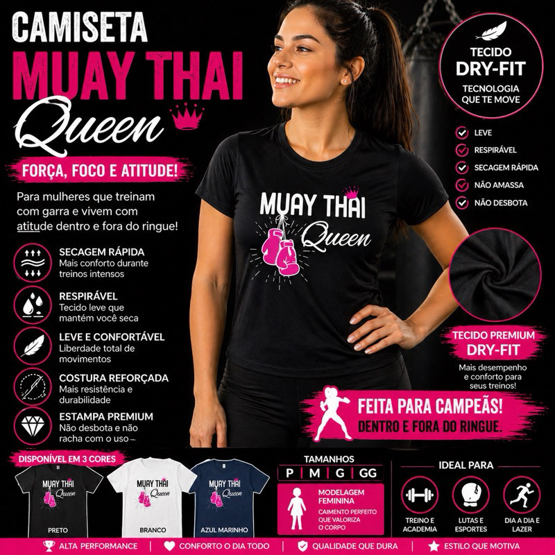 Camiseta Feminina Muay Thai Queen | Dry Fit | Academia | Treino Fitness | Respirável Secagem Rápida | Adulto e Infantil