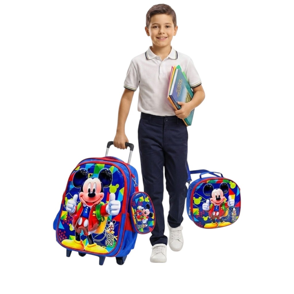 Kit Mochila 3D Infantil Com Rodinhas Mickey Lancheira térmica e estojo