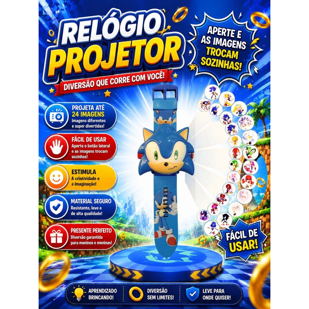 Relógio Sonic Projetor De Imagens Infantil Criança Presente