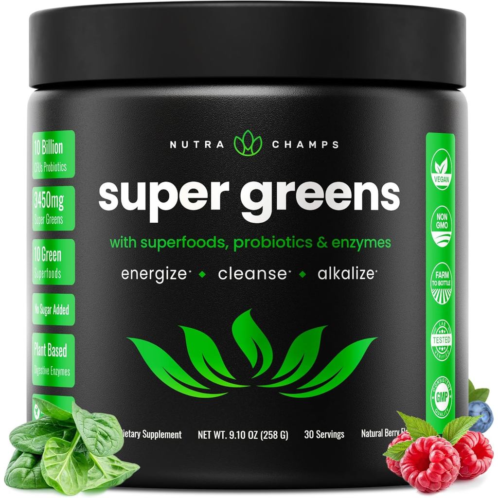 Pó de Vegetais NutraChamps Premium |   Mais de 20 vegetais verdes orgânicos inteiros |   Grama de Trigo, Espirulina, Chl