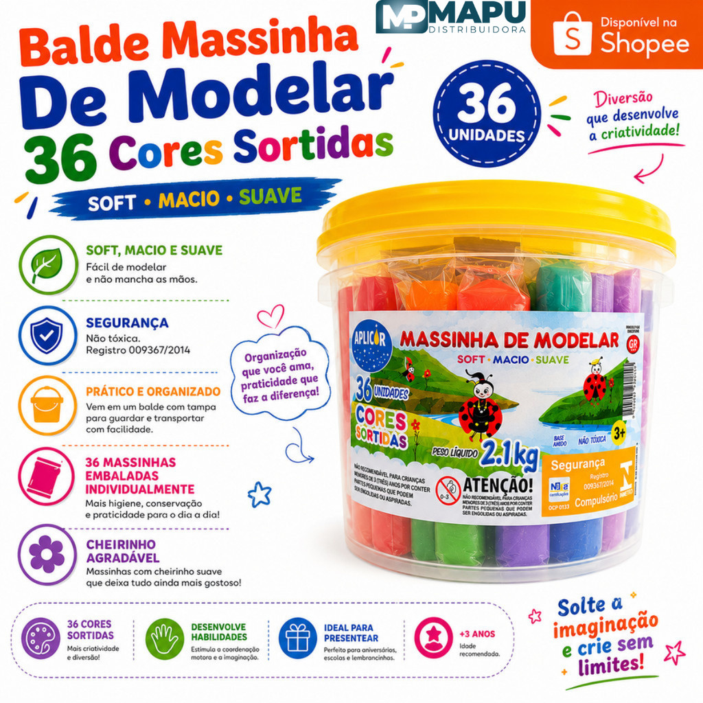 Balde Massinha De Modelar 36 Cores Sortidas