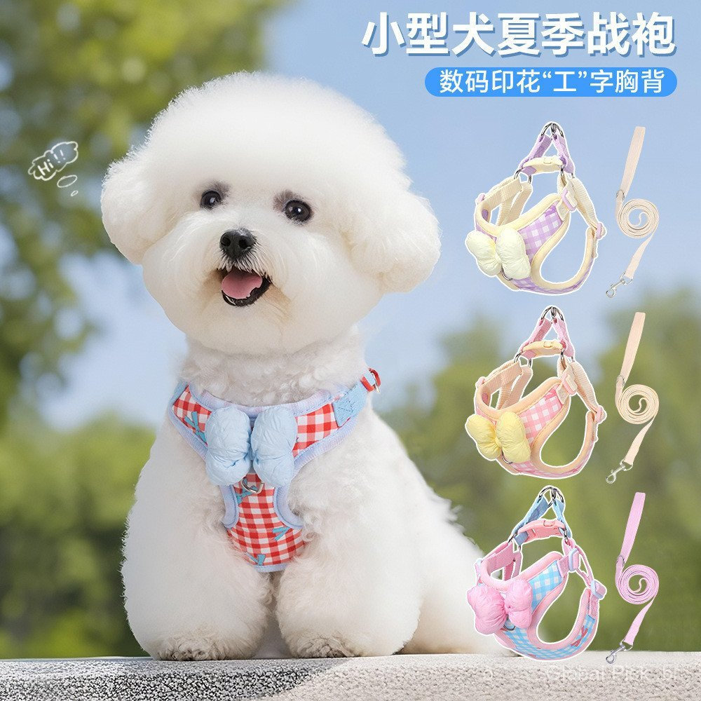 Nova coleira para cães com laço, arnês xadrez para cães, coleira de passeio ao ar livre estilo coreano para cães Bichon