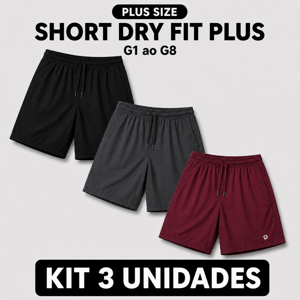 Conjunto 3 Shorts Dry Fit Plus Masculino Fitness Academia Caminhada Corrida Uso Diario