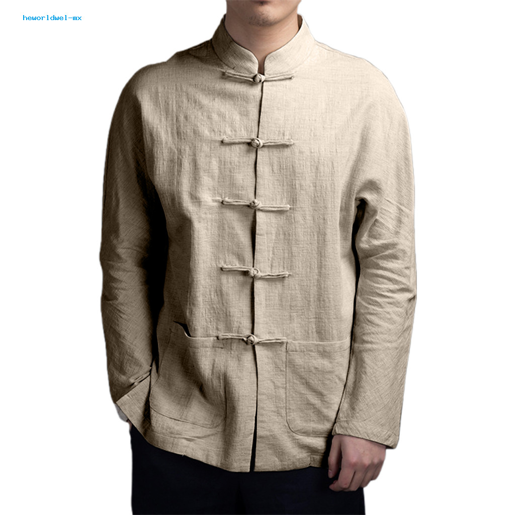 Lightweight Breathable Men Shirt Elegant Men's Autumn Chinese Style Mandarin Collar Long Sleeve Tai Chi Kung Fu Top with