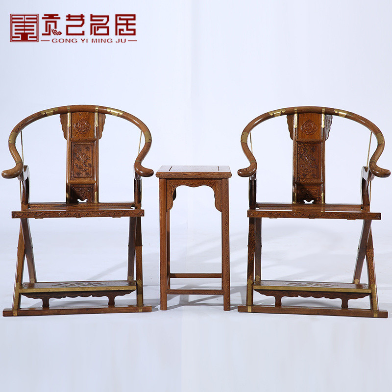 Móveis de mogno Wenge Cross cadeira conjunto de três peças Log estilo chinês anel cadeira antigo Taishi cadeira redonda 