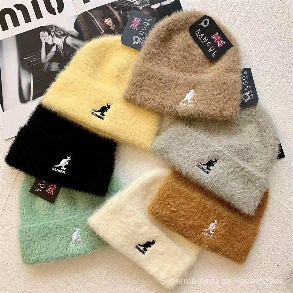 Gorro de Lã KANGOL Kangaroo, Quente e à Prova de Vento, Gorro de Pelúcia para Outono e Inverno, Gorro de Lã de Vison Tri