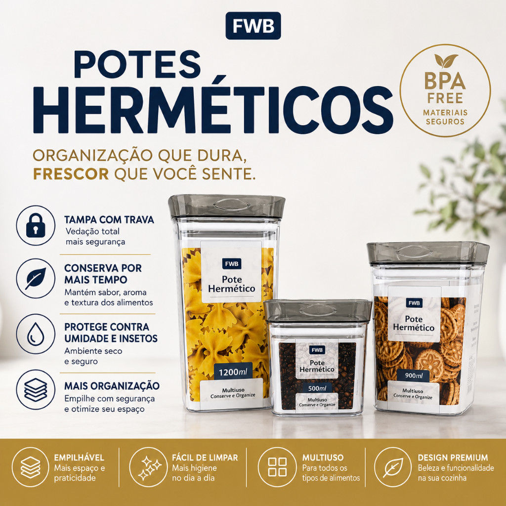 Pote Hermético Premium para Mantimentos Organização e conservação na cozinha Quadrado Transparente com Trava FWB
