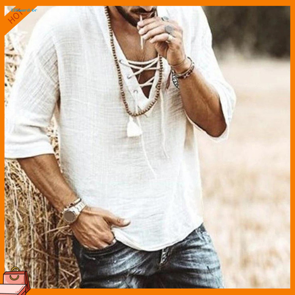 Loose Fit Men Top V-neck T-shirt Summer Men’s Shirt Lace-up V Neck Mid Sleeve Quick Dry Lightweight Pullover Retro Sty