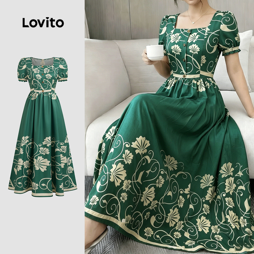 Lovito Vestido Boho com Estrutura e Pregas Na Primavera/verão Na Cor Verde para Mulheres LK6LD050