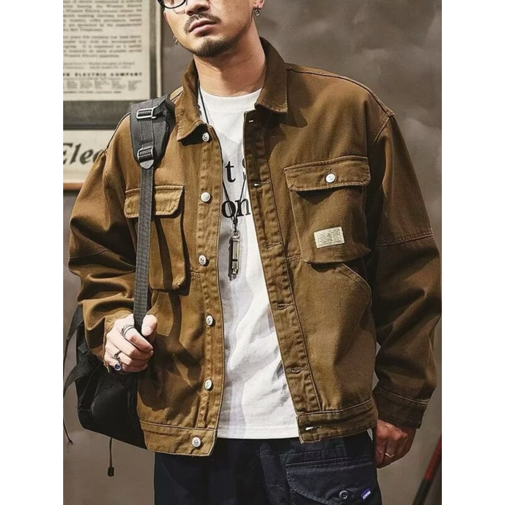 Outono americano Retro Denim jaqueta masculina solta grande bolso soldador resistente ao desgaste macacão jaqueta macacã