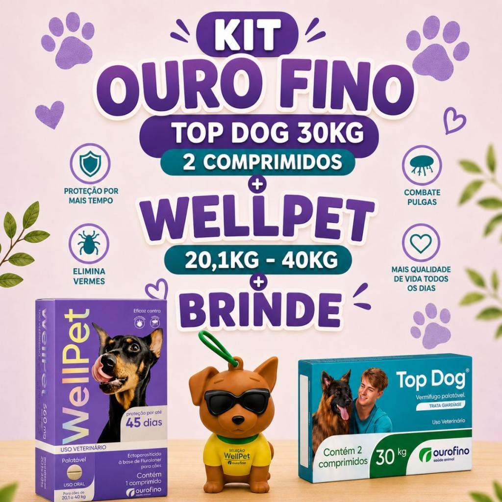 Kit Wellpet Antipulgas Cães 20,1-40kg + TopDog 30kg + Brinde