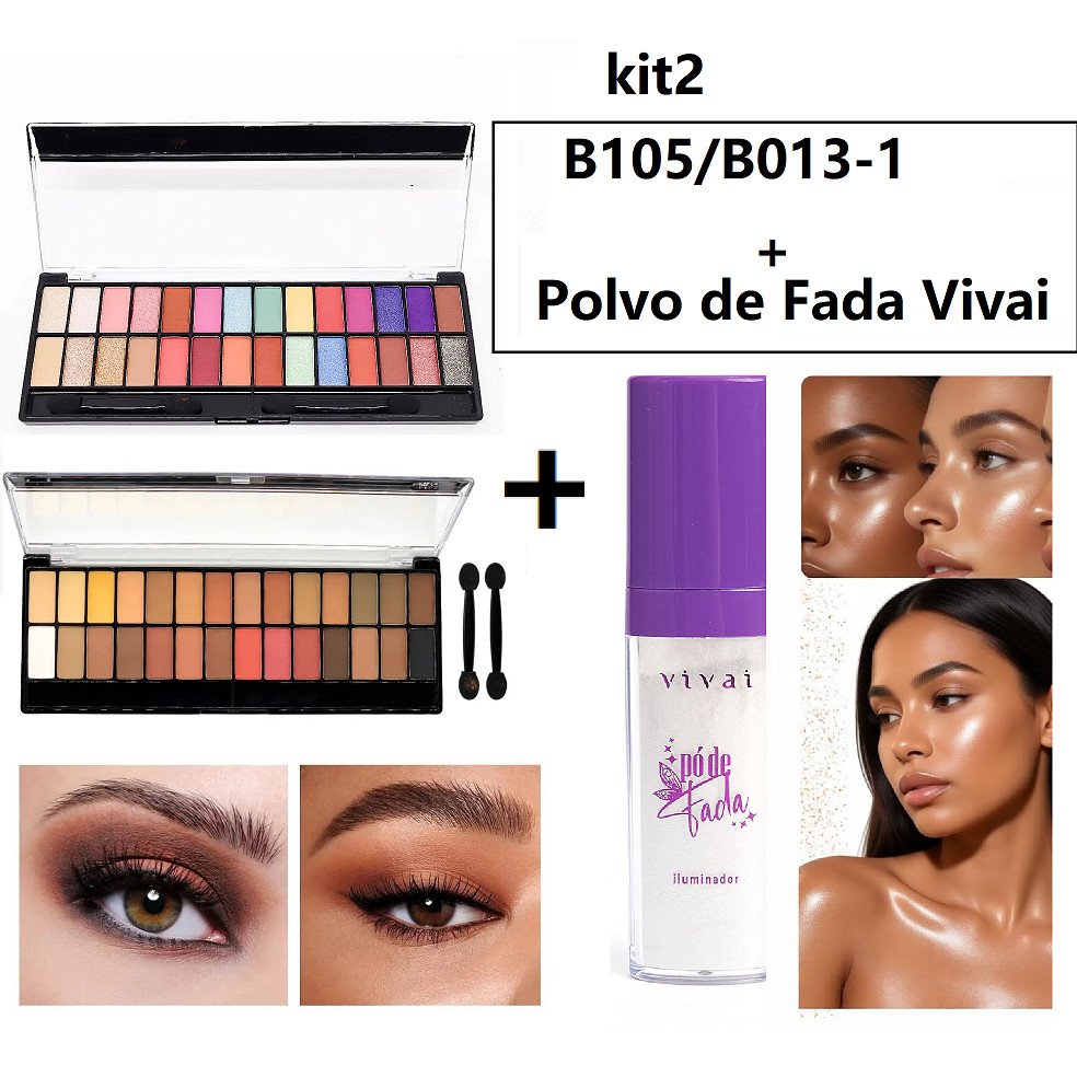 Kit Paleta de Sombras Belle Angel 28 Cores B105/B013-1 + Pó de Fada Vivai 15g Iluminador Facial e Corporal Glow