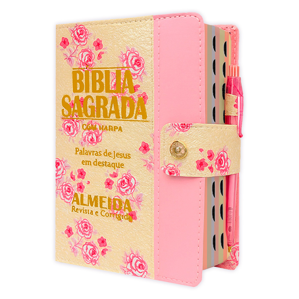 Bíblia Letra Grande Rosa com Harpa, Botão e Capa Floral Luxo
