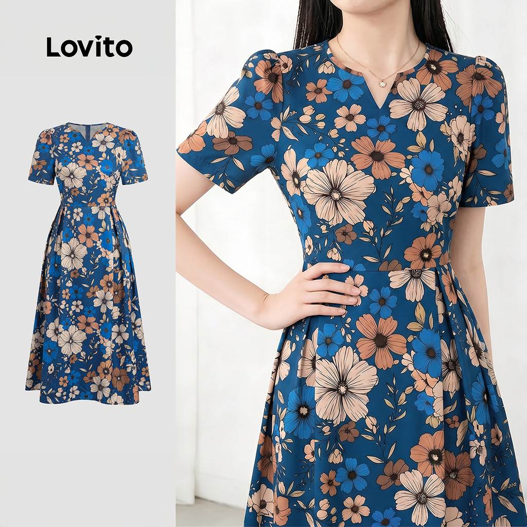 Lovito Vestido Azul Elegante com Padrão de Botões Primavera/verão para mulheres LK6LD401