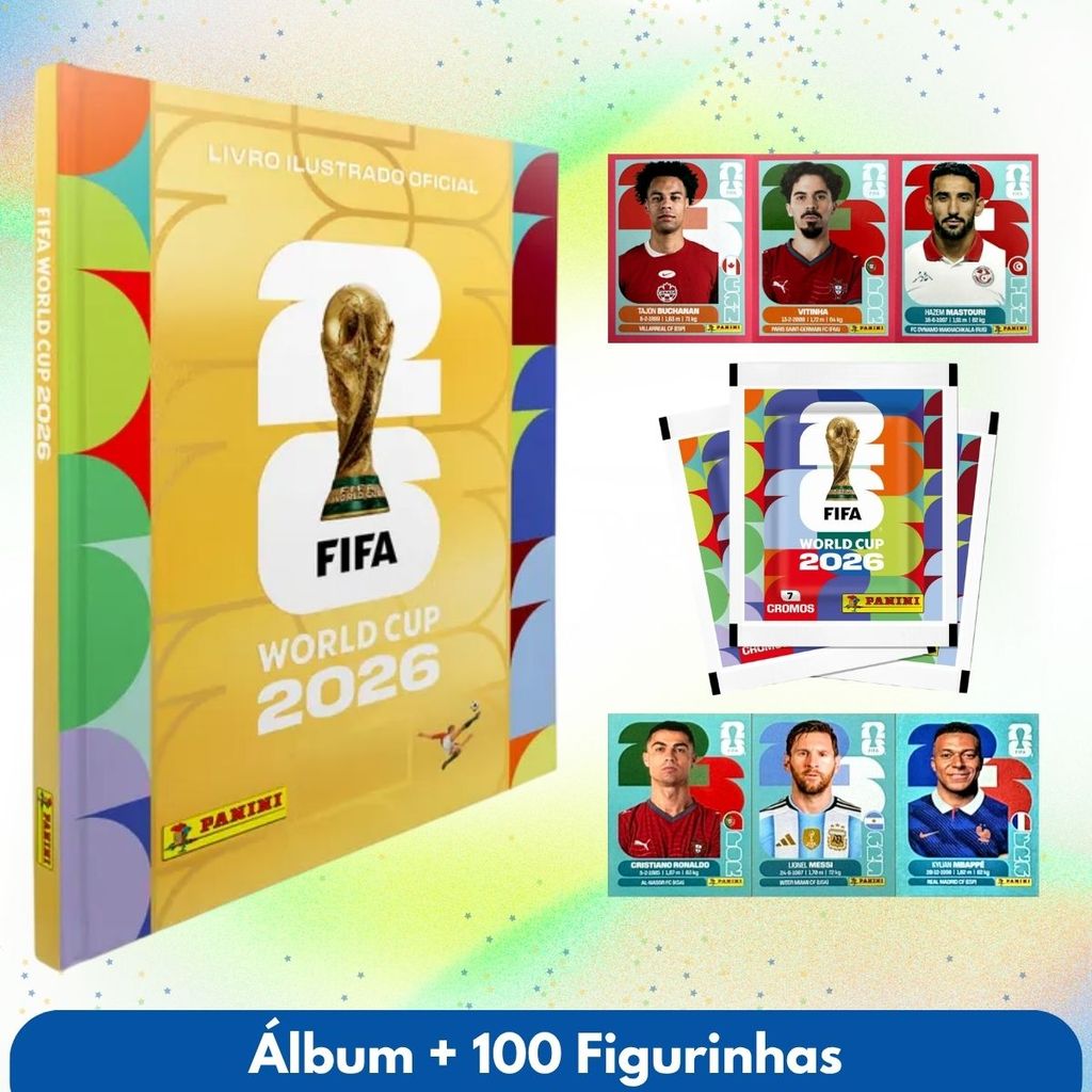 Álbum Copa do Mundo 2026 Dourado Capa Dura e 100 Figurinhas Sem Repetição Jogo Oficial Fifa Jogador