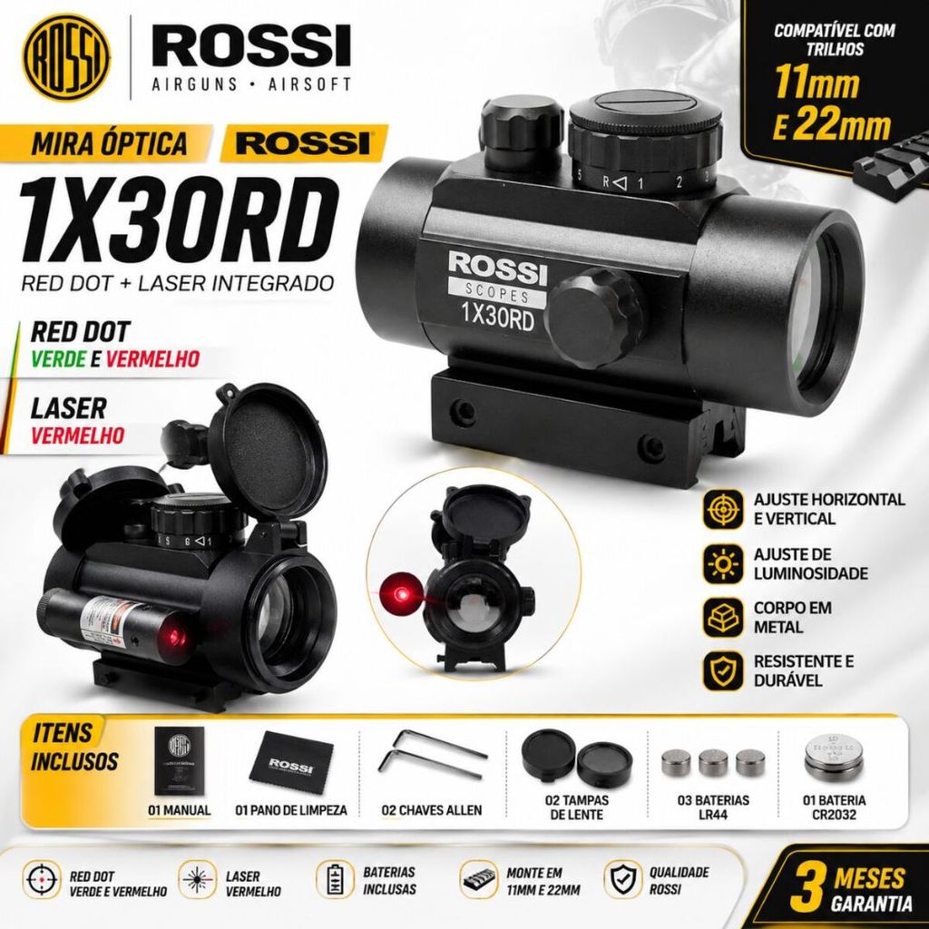 Mira Red Dot Rossi 1x30 Verde Vermelho Com Laser Vermelho T 11mm 22mm