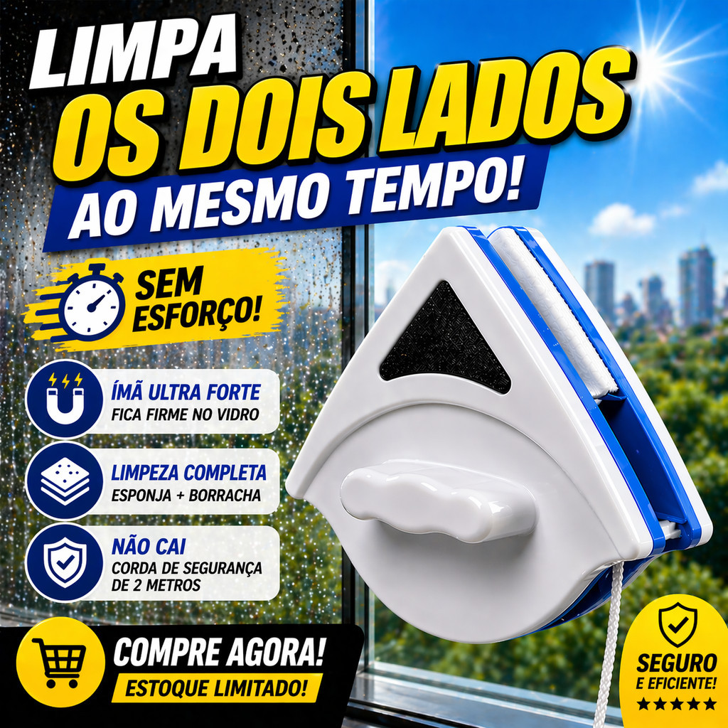 Limpador Rodo Magnético de Janela Dupla Face Vidro Duplo com Corda Segurança Escova Limpeza Externa