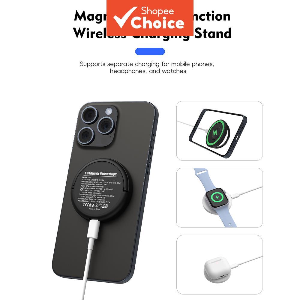 Estação Dock Carregador Sem Fio Magnético 6 em 1 para iPhone 16 15 e Samsung