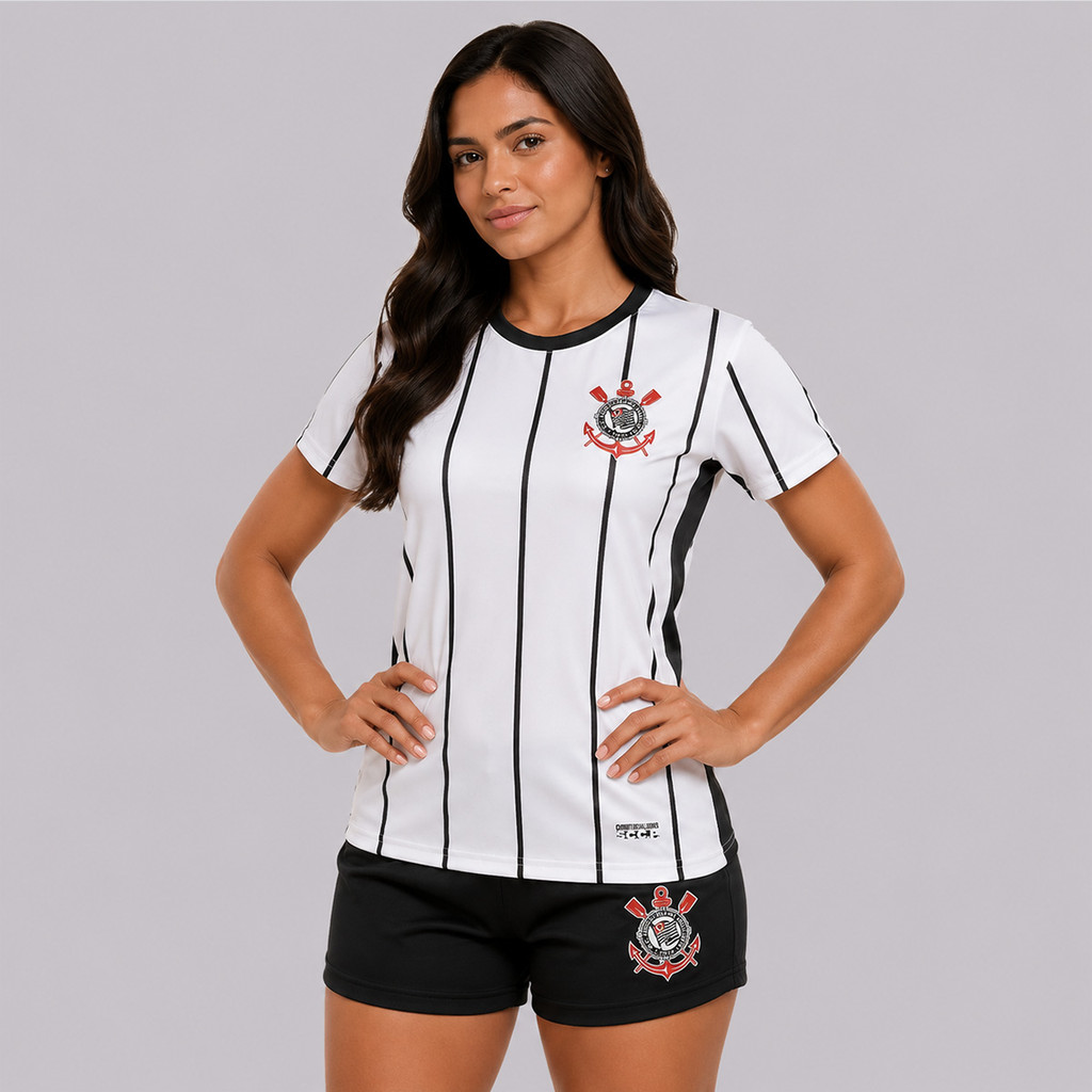 Camisa Corinthians Fitness Feminina Listrada Branca e Preta