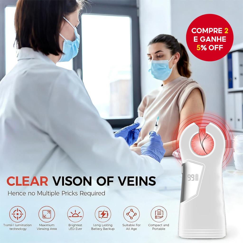 Visualizador de Veias Recarregável com Display Digital – Visor LED Portátil de Veias para Acesso IV e Flebotomia,