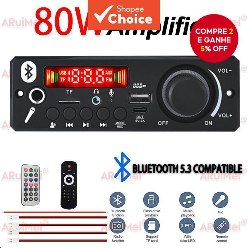 Amplificador 80W 2x40W Bluetooth 5.0 DC 7-24V Leitor De MP3 Para Carro Gravação FM USB
