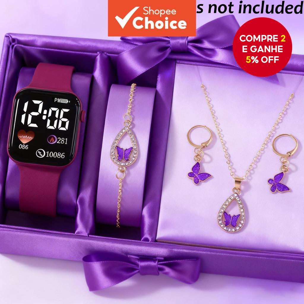 Conjunto De Relógio Digital Infantil LED Luminoso Com Pulseira De Borboleta De Strass Brincos , Silicone Macio
