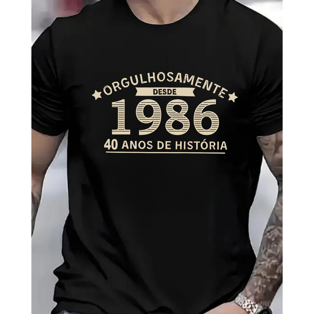 [Camiseta Premium em Algodão Puro]VU Masculina Short - Sleeve 1986 Retro Estilo Casual Bege para Dia - a - Dia