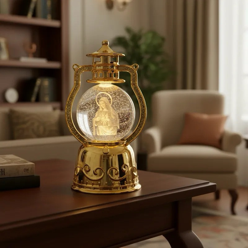 Lanterna Lampião Coração de Maria Giratório Dourado Luminária 14 cm com USB LED Importado