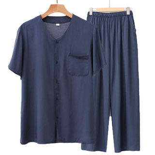 cardigan De Manga Curta De Seda De Algodão Masculino De Meia-ag Pijama Idade E Idosos Fino Verão Artificial Calças Para 