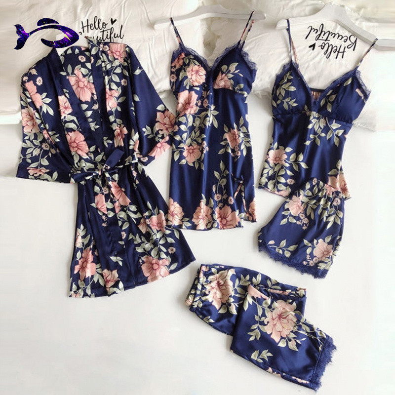 Conjunto de pijama feminino de 5 peças com camisola de renda, roupa íntima confortável, roupa de casa folgada, roupão es
