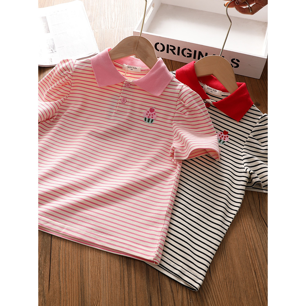 Meninas listrado manga curta camiseta verão novo estilo médio grande crianças bordado bolo Puff manga coreano Casual top