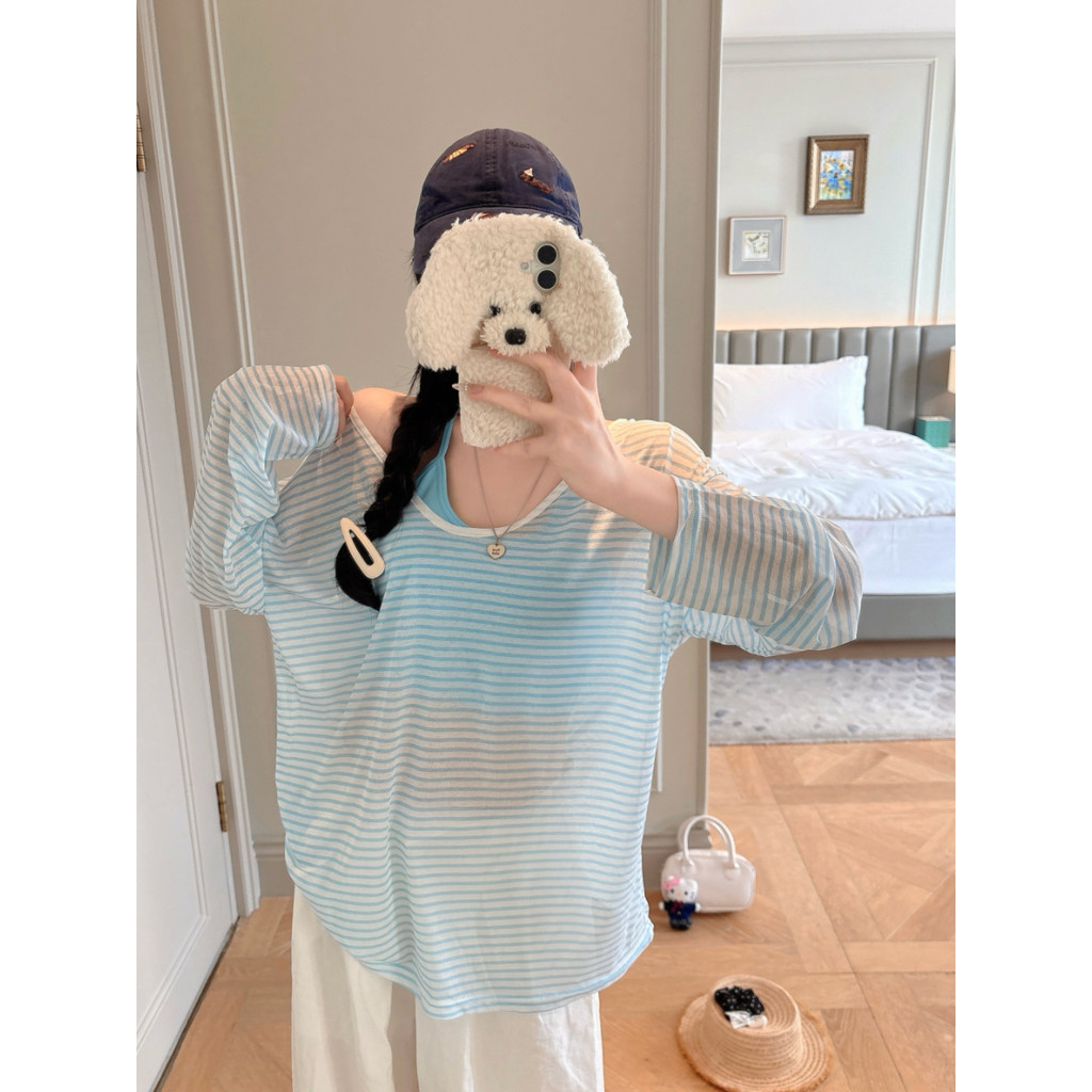 PPHOME Estilo Preguiçoso Listrado Contraste Cor Manga Comprida Protetor Solar Blusa Feminina Primavera Verão Slim Halter