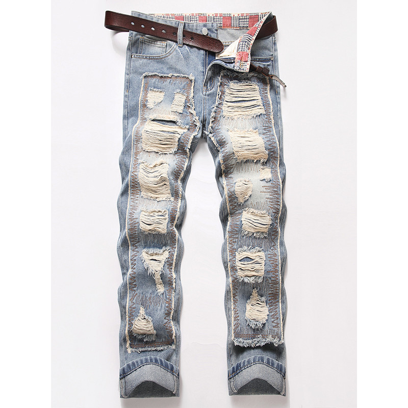 Street wear americano rasgado Jeans masculino solto em linha reta mendigo calças juventude street wear High-End Casual c