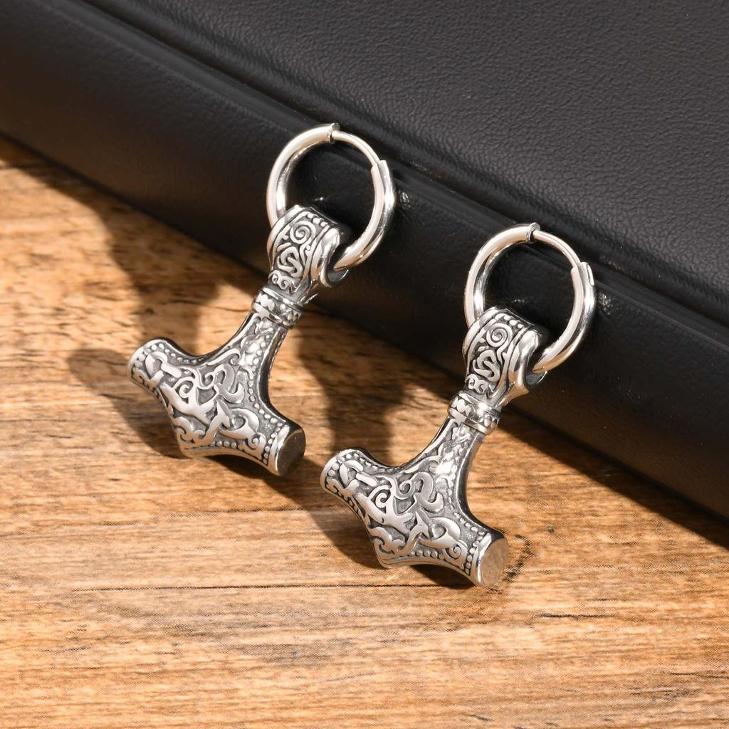 Brincos De Argola Vnox Viking Para Homens, Brinco Vintage De Aço Inoxidável Com Martelo De Thor Nórdico, Joias De Hip · foto 2