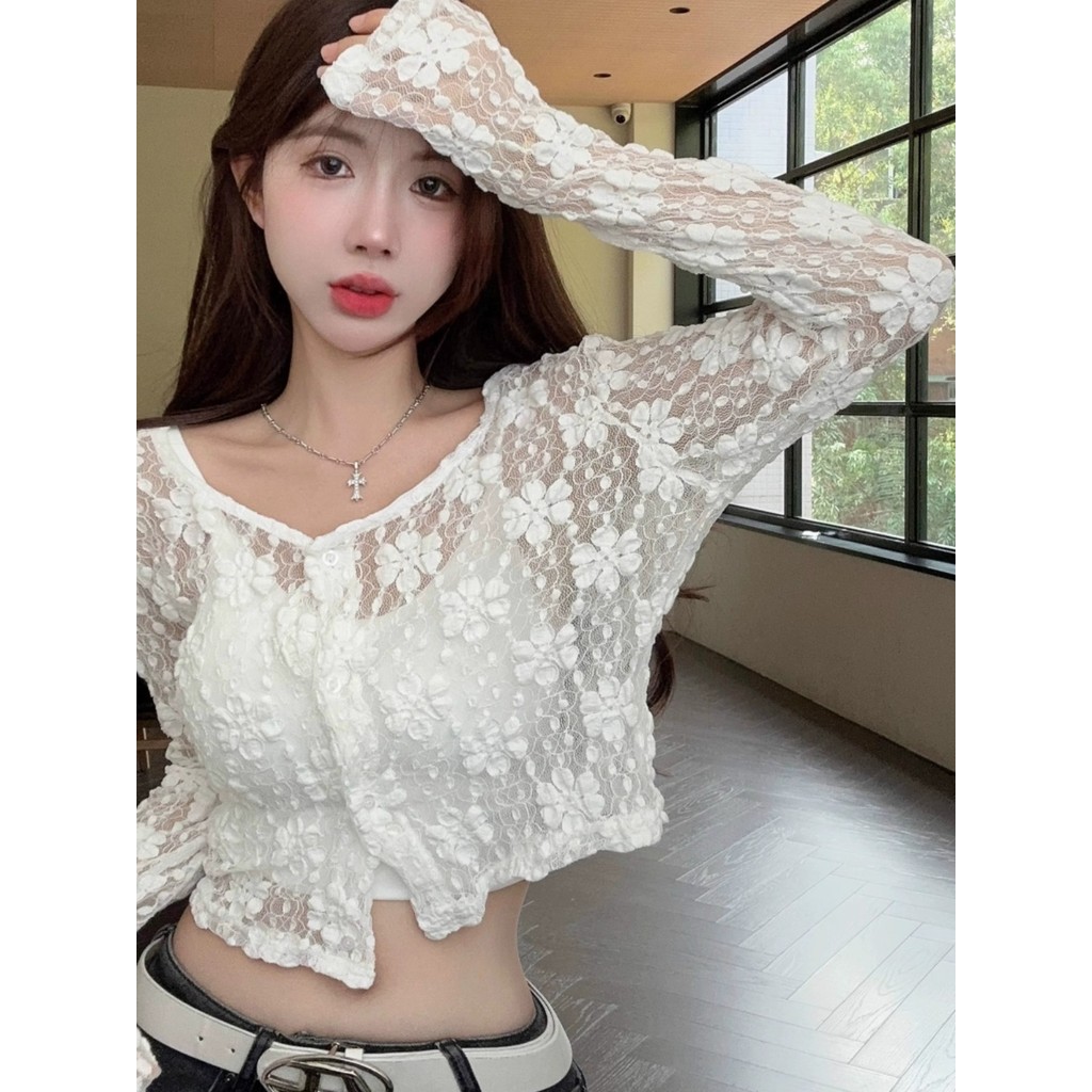 Branco com decote em v de manga comprida protetor solar camisa de renda feminina verão puro desejo transparente camisa c