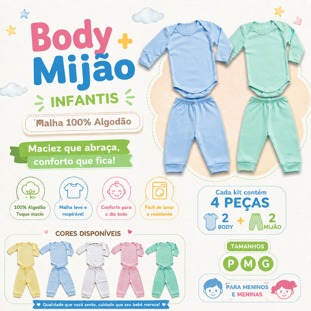 kit 4 Peças Mijão Calça e Body Manga Longa Infantil Bebê Masculino e Feminino