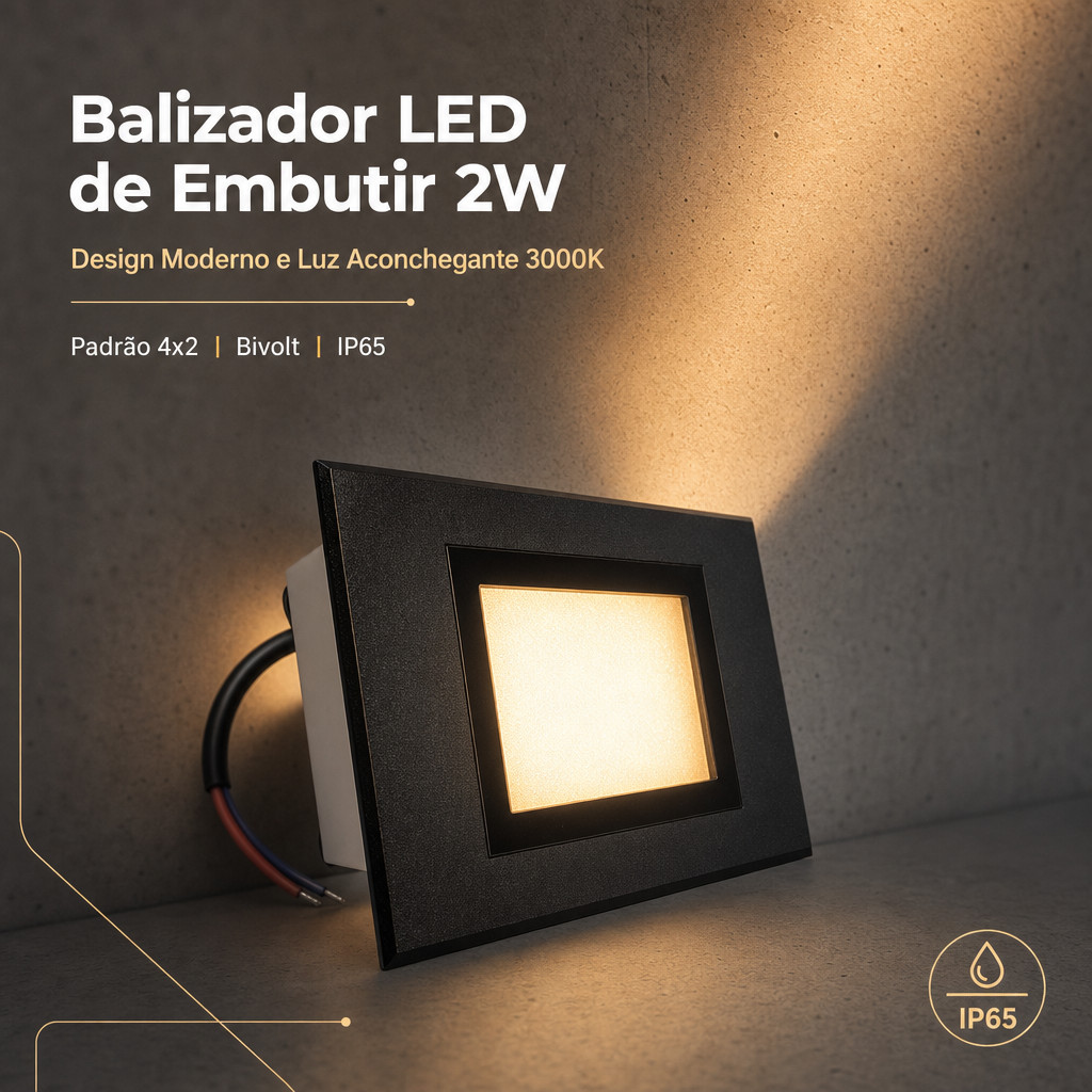 Balizador Led Embutir Escada Parede 4x2 Ip65 2w Preto 3000k
